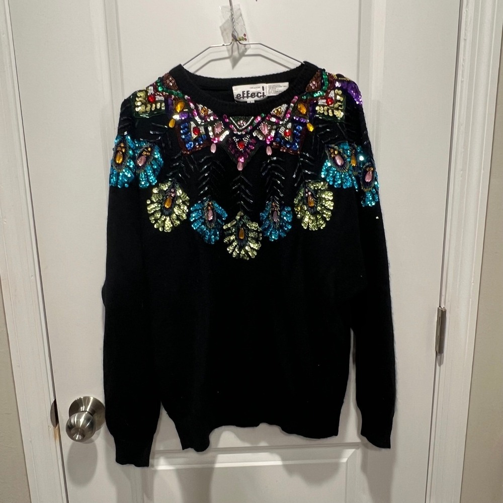 Creazioni Effeci Womens Sweater Sequin Beaded Embellished Black Large